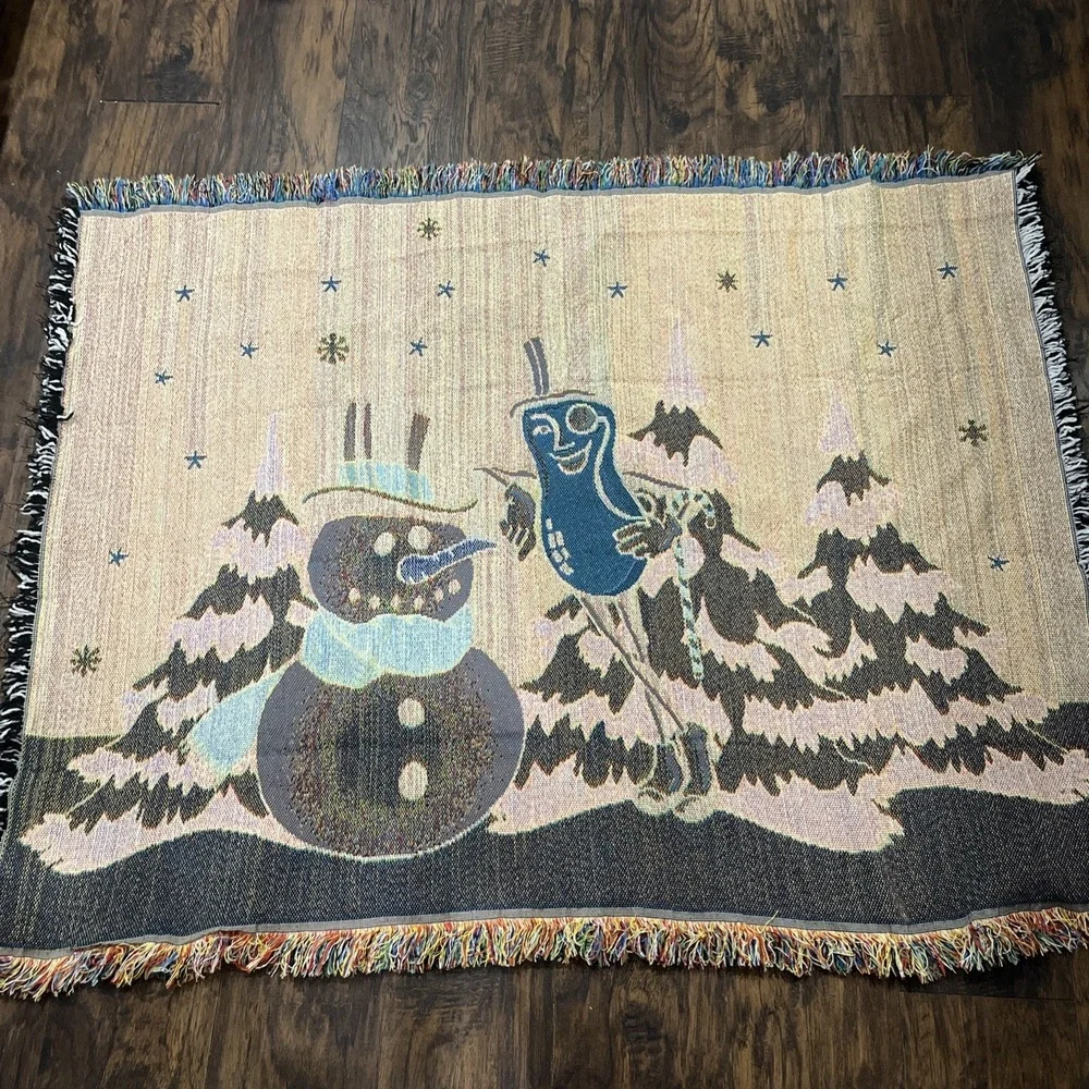 Rare Mr Peanut Throw‎ Blanket Planters Christmas Snowman Woven Tapestry 55 X 45